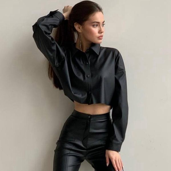 Cropped Shirt In Leather With 4G Detail  | Womens Tops & Shirts