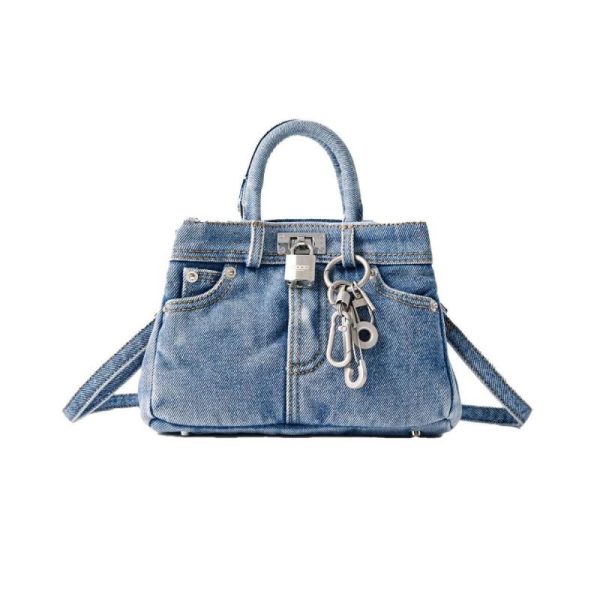 Shark Lock Bucket Bag In Washed Denim  | Womens Crossbody Bags