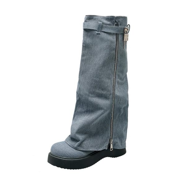 Shark Lock Biker Ankle Boots In Denim  | Womens Boots & Booties